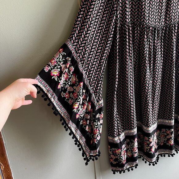 Velzera Black Paisley Boho Dress Flowy Pom Pom Beachy Casual - 1X - Picture 7 of 9